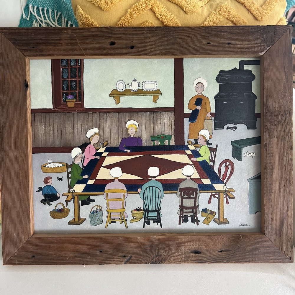 Dolores‎ Hackenberger Oil on Canvas Amish Scene Barn Wood Frame 18" X 22" Quilt